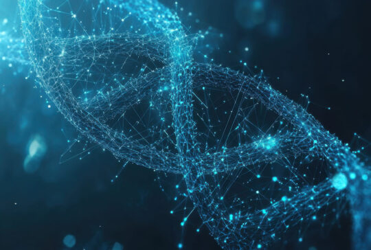 Blue background with a DNA double helix and digital network, a science or technology concept for medical research