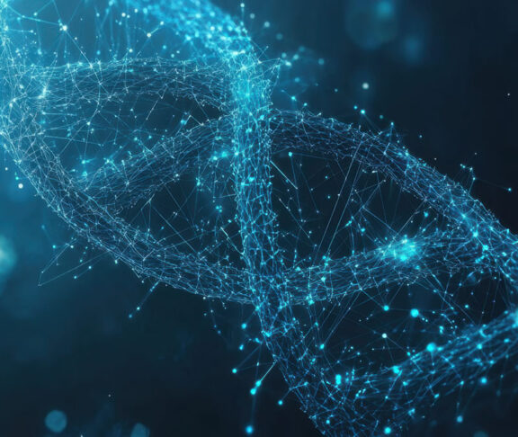 Blue background with a DNA double helix and digital network, a science or technology concept for medical research