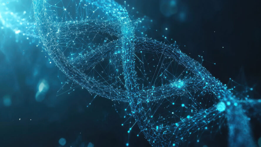 Blue background with a DNA double helix and digital network, a science or technology concept for medical research