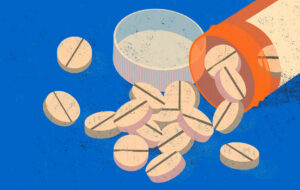 The opioid epidemic. American people deadly addiction. Orange opioid pill bottle.