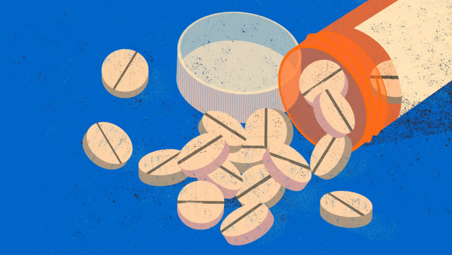 The opioid epidemic. American people deadly addiction. Orange opioid pill bottle.
