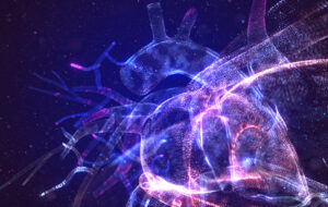 Glowing human heart made of neon particles. Bright magic heart health concept art in modern abstract style consists of colorful dots. 3d illustration.