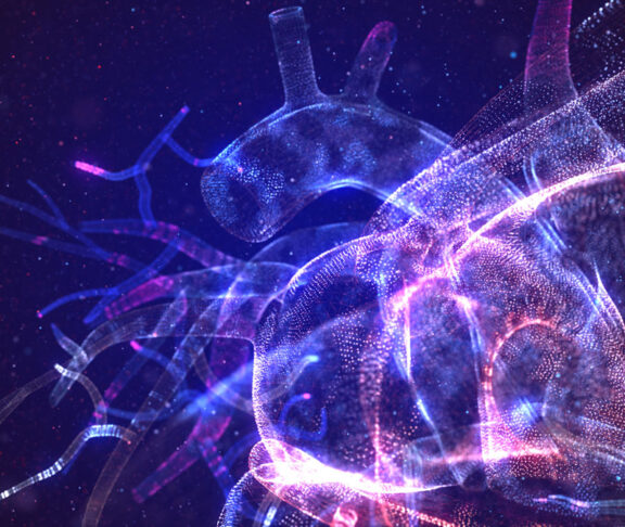 Glowing human heart made of neon particles. Bright magic heart health concept art in modern abstract style consists of colorful dots. 3d illustration.