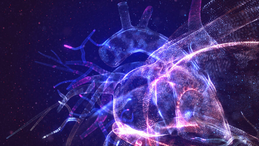 Glowing human heart made of neon particles. Bright magic heart health concept art in modern abstract style consists of colorful dots. 3d illustration.