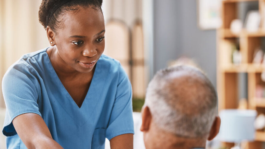 Help, support and medical with nurse and old man for retirement, rehabilitation or healing. Empathy, physical therapy and healthcare with patient and black woman in nursing home for caregiver service