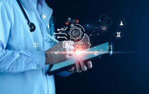 Medical technology, doctor use AI robots for diagnosis, care, and increasing accuracy patient treatment in future. Medical research and development innovation technology to improve patient health