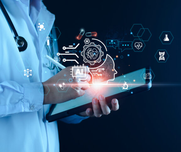 Medical technology, doctor use AI robots for diagnosis, care, and increasing accuracy patient treatment in future. Medical research and development innovation technology to improve patient health