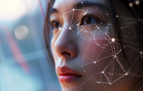 A facial recognition system analyzing facial features in real-time, highlighting the sophistication of biometric authentication for secure digital access