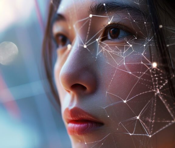 A facial recognition system analyzing facial features in real-time, highlighting the sophistication of biometric authentication for secure digital access