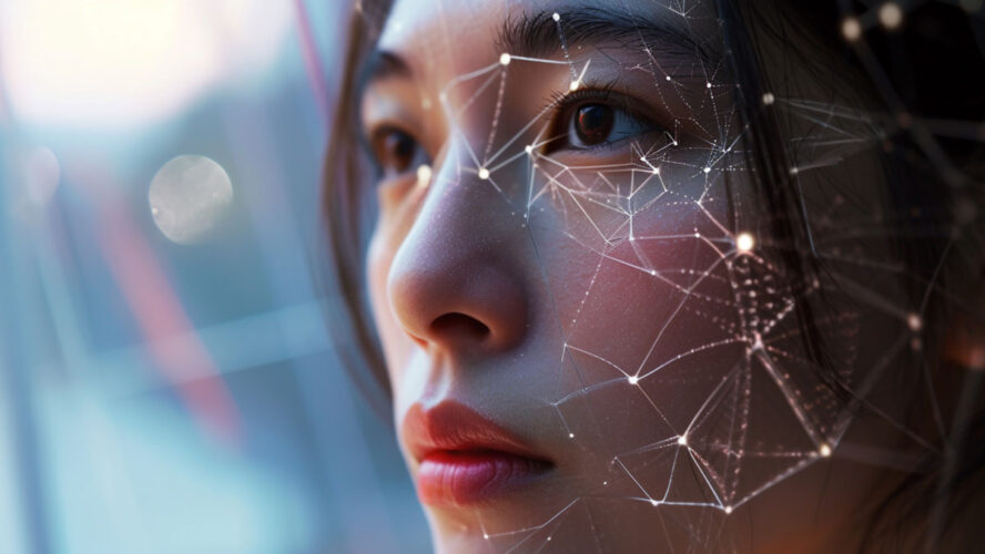A facial recognition system analyzing facial features in real-time, highlighting the sophistication of biometric authentication for secure digital access