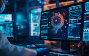 A close-up of a computer monitor in a lab displaying AI software accurately identifying diseases from patient scans with advanced algorithms highlighting the reduced diagnostic errors