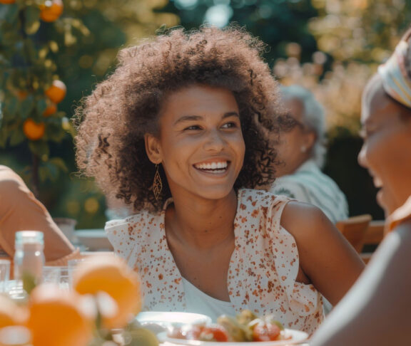 Laughing Multiethnic Female Talking with a Senior Woman at a Summer Garden Party. Children, Adults, and Older People Gathered at a Table to Enjoy Food and Have Fun