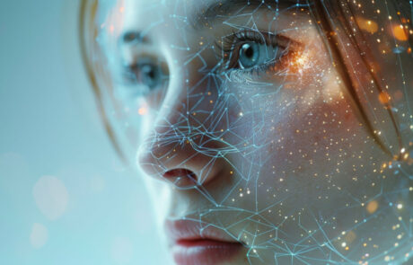 The girl 's face is covered with threads of an electronic network . Neural networks of facial recognition for human identification