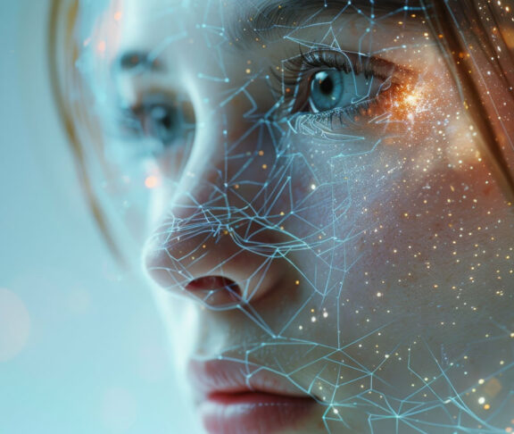 The girl 's face is covered with threads of an electronic network . Neural networks of facial recognition for human identification
