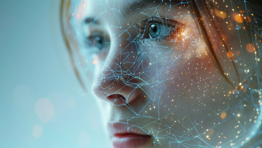 The girl 's face is covered with threads of an electronic network . Neural networks of facial recognition for human identification