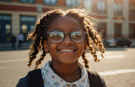 Portrait of a happy dark-skinned schoolgirl child with glasses On the street of the city in the sunlight. Back to school, correction of pupil eyesight