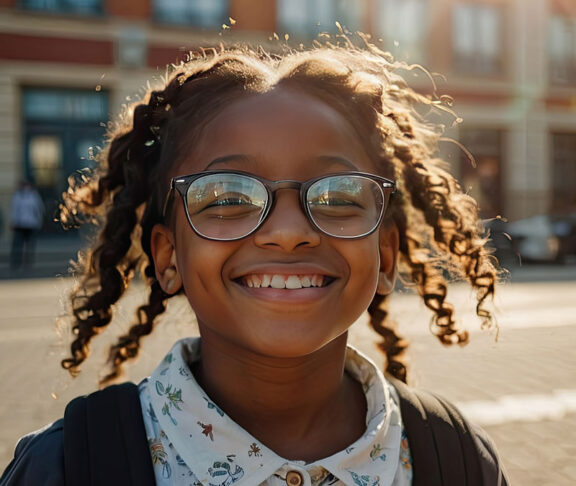 Portrait of a happy dark-skinned schoolgirl child with glasses On the street of the city in the sunlight. Back to school, correction of pupil eyesight