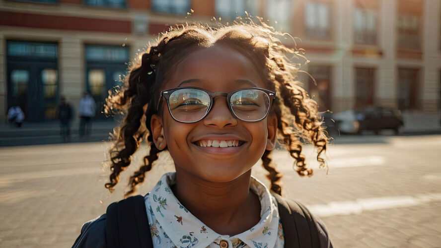 Portrait of a happy dark-skinned schoolgirl child with glasses On the street of the city in the sunlight. Back to school, correction of pupil eyesight
