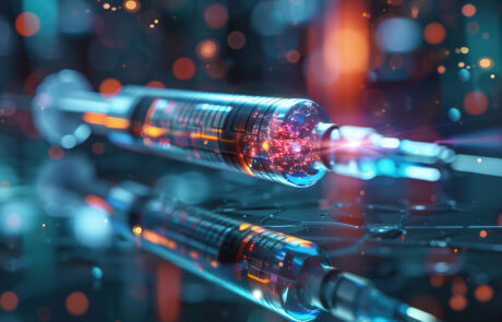 Blurred image of a syringe with a vaccine in neural connections. Generated by artificial intelligence