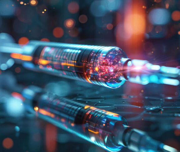 Blurred image of a syringe with a vaccine in neural connections. Generated by artificial intelligence