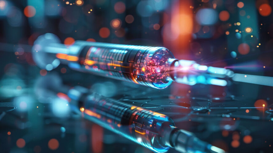 Blurred image of a syringe with a vaccine in neural connections. Generated by artificial intelligence