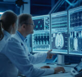 Medical professionals in a high-tech laboratory analyzing detailed imaging results on multiple computer monitors, showcasing advanced diagnostic technology and collaborative work in modern medicine