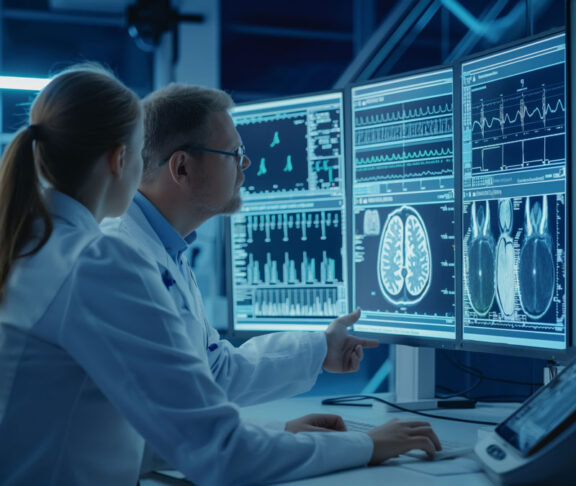 Medical professionals in a high-tech laboratory analyzing detailed imaging results on multiple computer monitors, showcasing advanced diagnostic technology and collaborative work in modern medicine