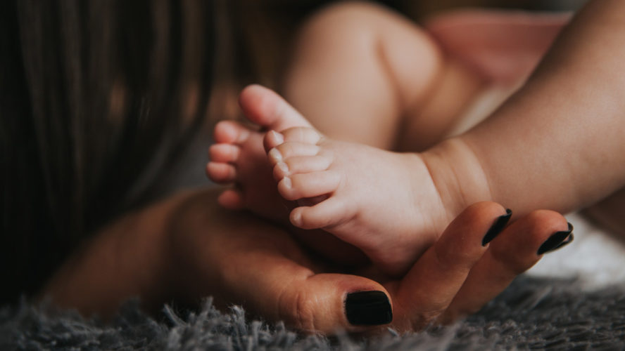 Adult hand cups baby's feet