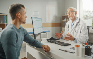 Middle Aged Family Doctor is Talking with Young Male Patient During Consultation in a Health Clinic. Senior Physician in Lab Coat Sitting Behind a Computer Desk in Hospital Office