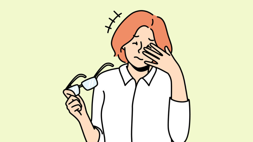 Unhealthy woman take off glasses suffer from migraine. Unwell female struggle with dizziness or blurry vision. Sight problem and healthcare. Vector illustration.