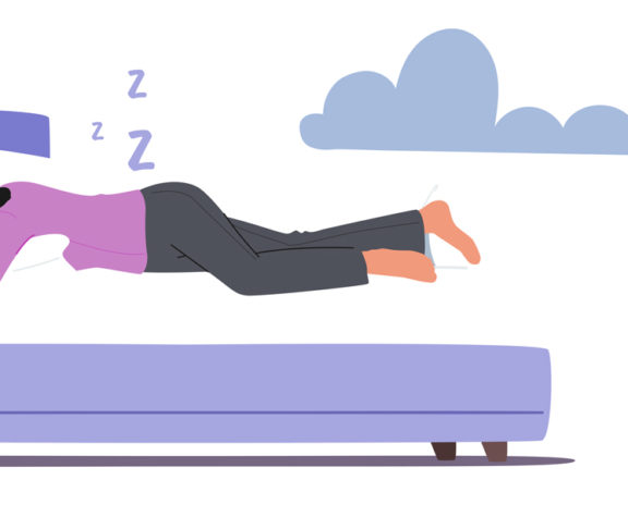 Dreamy Female Character Sleeping In Relaxed Pose Lying On Bed And Hugging Pillow Side View. Bedding Time, Sleep Or Nap - stock illustration