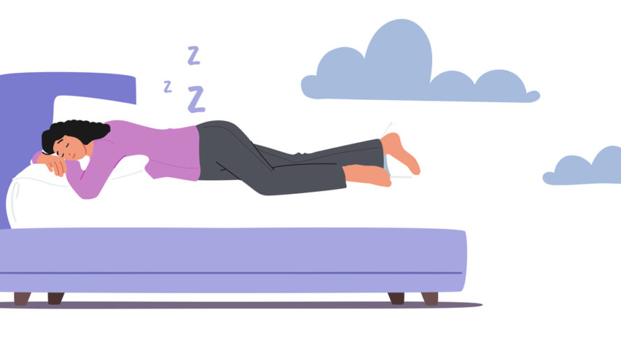 Dreamy Female Character Sleeping In Relaxed Pose Lying On Bed And Hugging Pillow Side View. Bedding Time, Sleep Or Nap - stock illustration