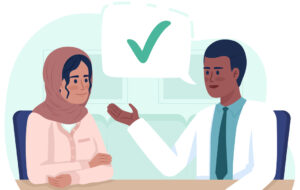 Woman listening to doctor advice 2D vector isolated illustration. Medicine flat characters on cartoon background. Healthcare colourful editable scene for mobile, website, presentation