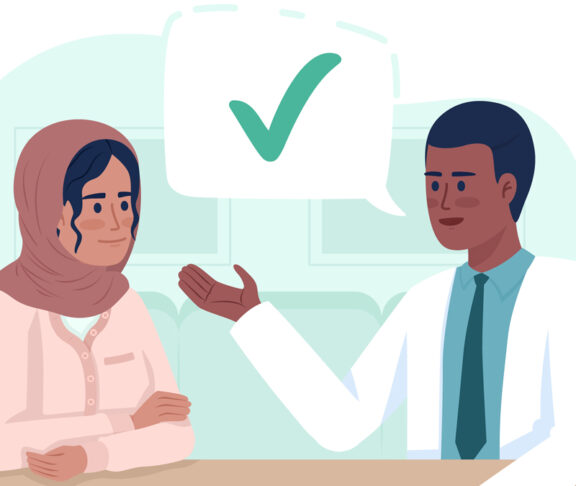 Woman listening to doctor advice 2D vector isolated illustration. Medicine flat characters on cartoon background. Healthcare colourful editable scene for mobile, website, presentation