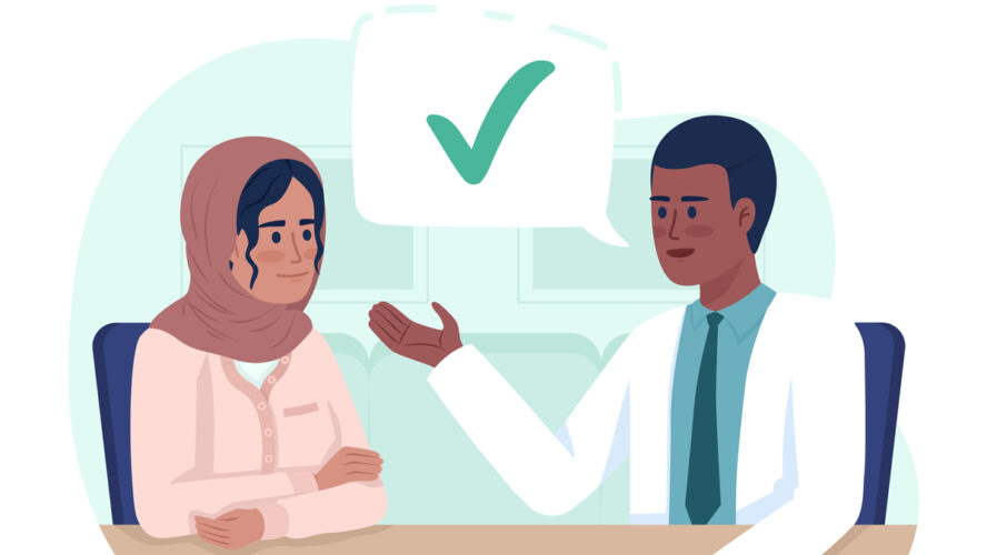 Woman listening to doctor advice 2D vector isolated illustration. Medicine flat characters on cartoon background. Healthcare colourful editable scene for mobile, website, presentation