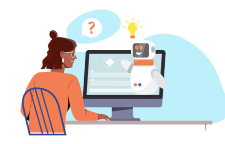 Medical chat bot concept. Artificial intelligence and machine learning. Robot advises client, answers questions. Diagnosis, health care and treatment. Cartoon flat vector illustration