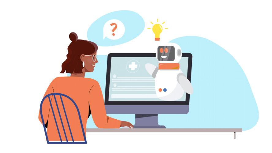 Medical chat bot concept. Artificial intelligence and machine learning. Robot advises client, answers questions. Diagnosis, health care and treatment. Cartoon flat vector illustration