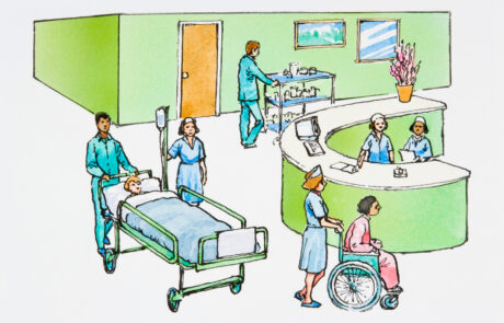 Illustration of nurse work station, porter pushing patient in bed, nurse wheeling patient in wheelchair, porter pushing food trolley in busy hospital - stock illustration