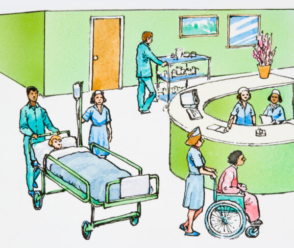 Illustration of nurse work station, porter pushing patient in bed, nurse wheeling patient in wheelchair, porter pushing food trolley in busy hospital - stock illustration