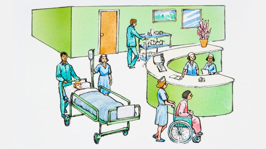 Illustration of nurse work station, porter pushing patient in bed, nurse wheeling patient in wheelchair, porter pushing food trolley in busy hospital - stock illustration