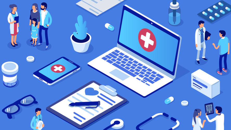 Doctor and patients concept banner with characters. Healthcare concept.