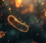 This highly detailed image presents orange glowing bacteria floating against a dark background, emphasizing microbial life and its constant presence in our surroundings