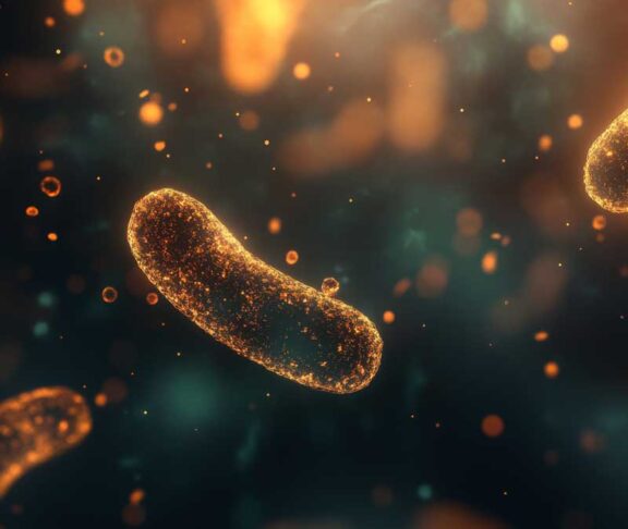 This highly detailed image presents orange glowing bacteria floating against a dark background, emphasizing microbial life and its constant presence in our surroundings