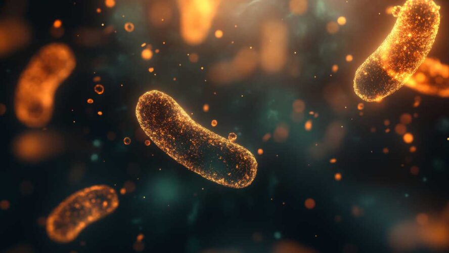 This highly detailed image presents orange glowing bacteria floating against a dark background, emphasizing microbial life and its constant presence in our surroundings