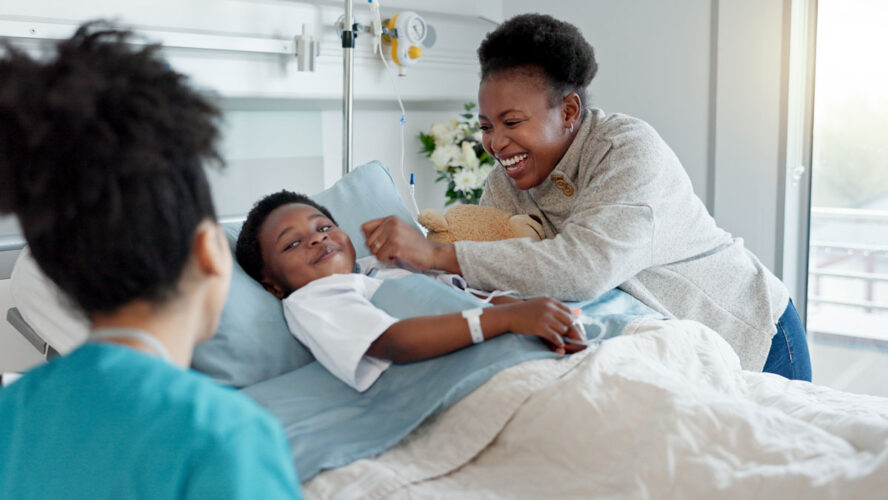 Mom, nurse and black child patient in hospital for recovery of surgery for congenital heart disease. Checkup, sick and cardiology medical worker with happy mother and kid for postoperative care