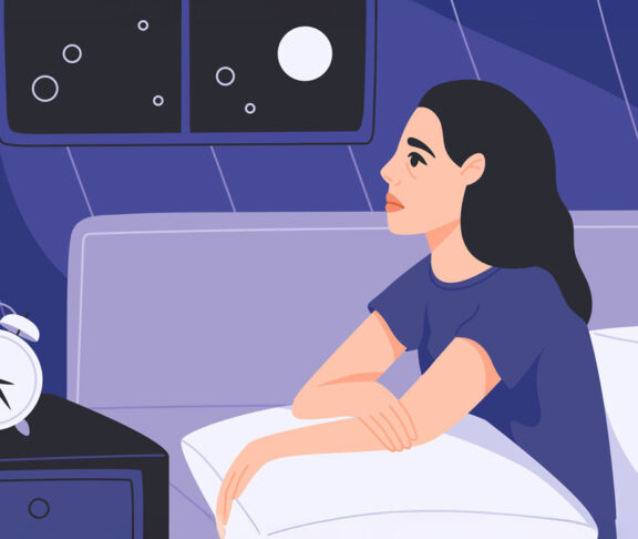 Tired woman can't sleep, suffers from insomnia flat illustration. Depressed girl is anxious at night banner design. Chronic sleeplessness, mental disorder background
