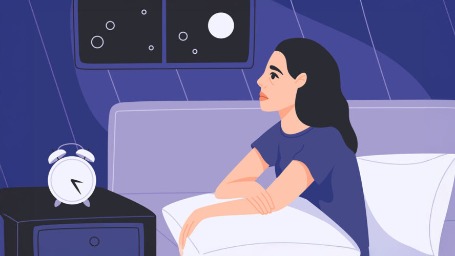 Tired woman can't sleep, suffers from insomnia flat illustration. Depressed girl is anxious at night banner design. Chronic sleeplessness, mental disorder background