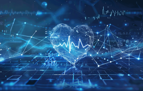 Monitoring with artificial intelligence of heart health and pulse management. Concept AI futuristic healthcare technology, data network visualization, neon banner