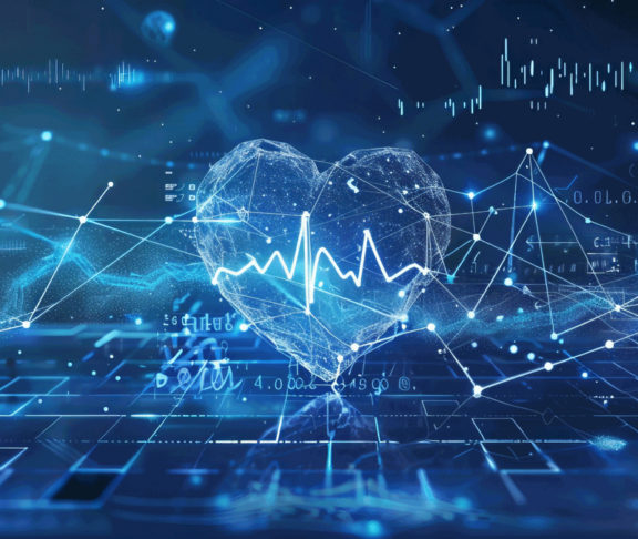 Monitoring with artificial intelligence of heart health and pulse management. Concept AI futuristic healthcare technology, data network visualization, neon banner
