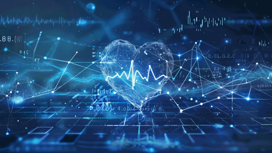 Monitoring with artificial intelligence of heart health and pulse management. Concept AI futuristic healthcare technology, data network visualization, neon banner
